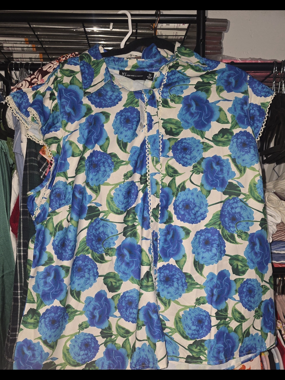 NY Collection White Blouse with Blue Floral Print